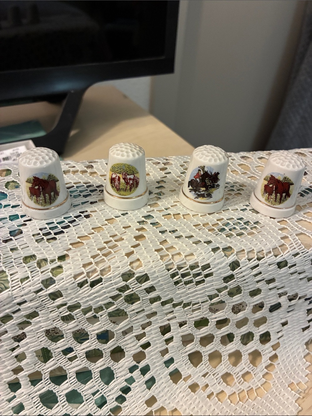 Collectibles White Porcelain Thimbles with Horse Designs